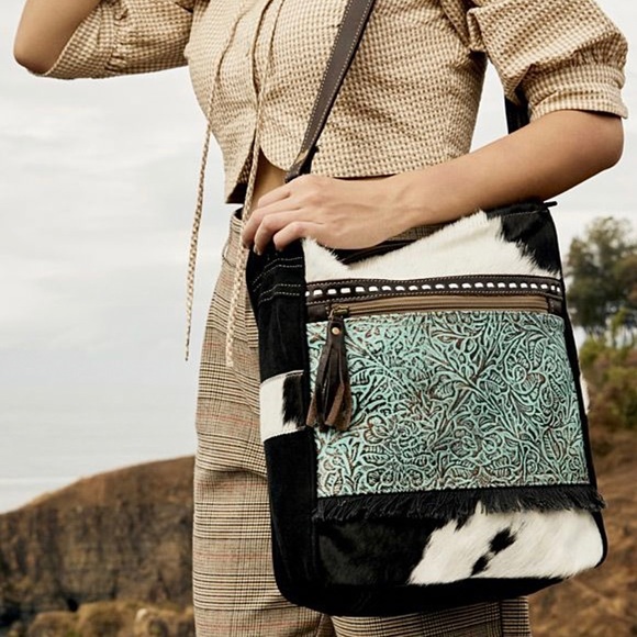 Myra Bag Other - MYRA BAG etched Forest Sky Shoulder Bag UPCYCLED CANVAS LEATHER Teal Tooled
